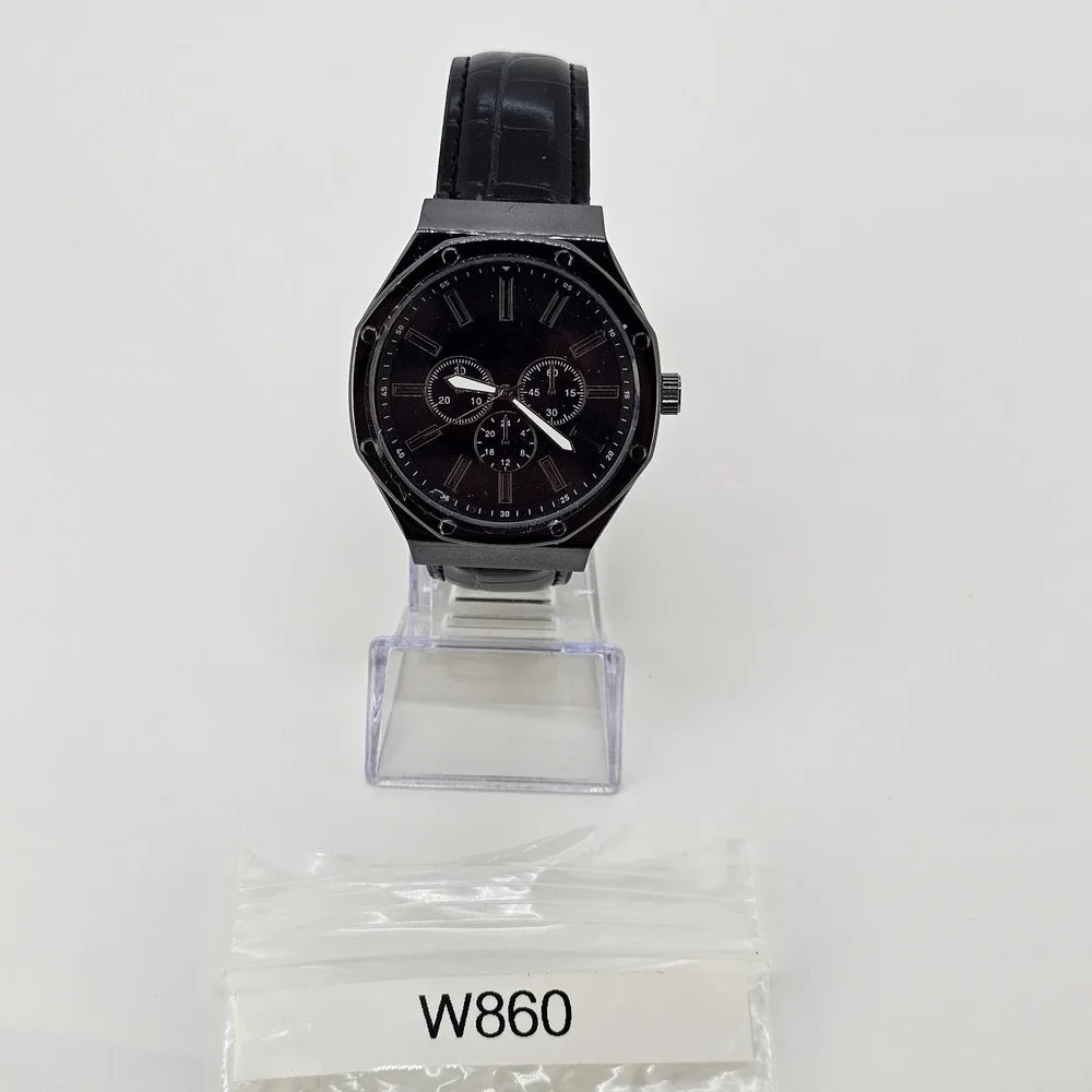 Men's Analog Watch 44MM Black Dial Case Black Faux Leather Bands New Battery